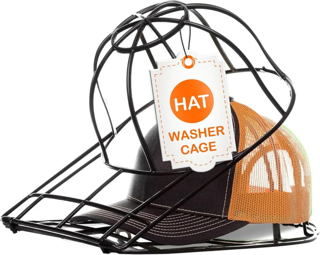 Black and orange mesh cap inside black wire hat washer cage with tag.