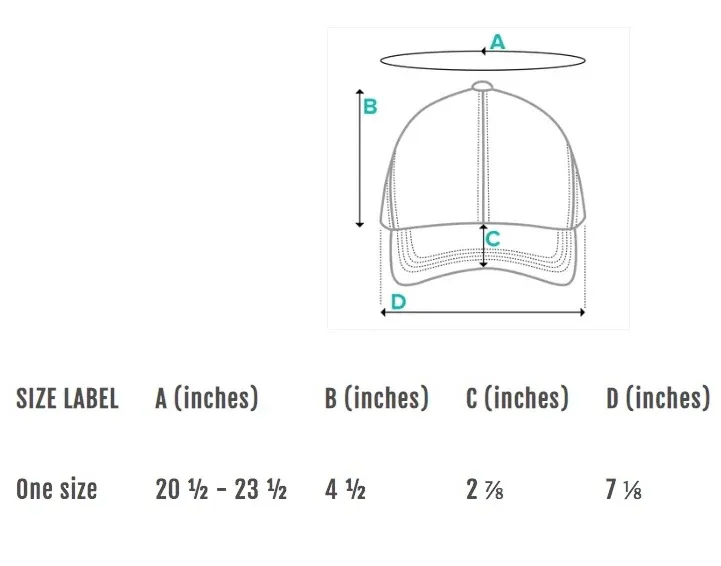Diagram showing measurements of dad hat dimensions labeled A to D in inches.