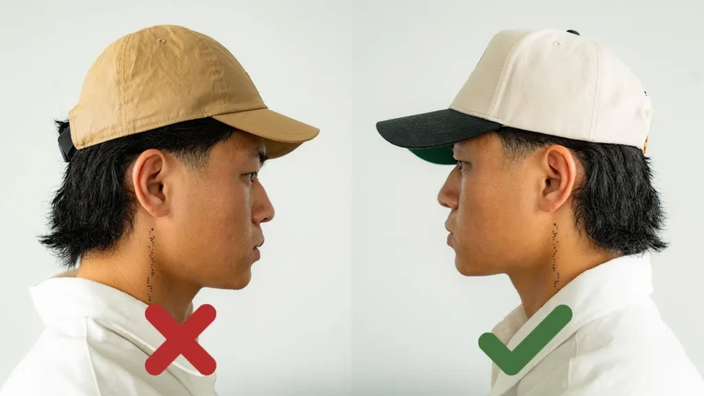 Man wearing beige and white caps showing correct fit and posture