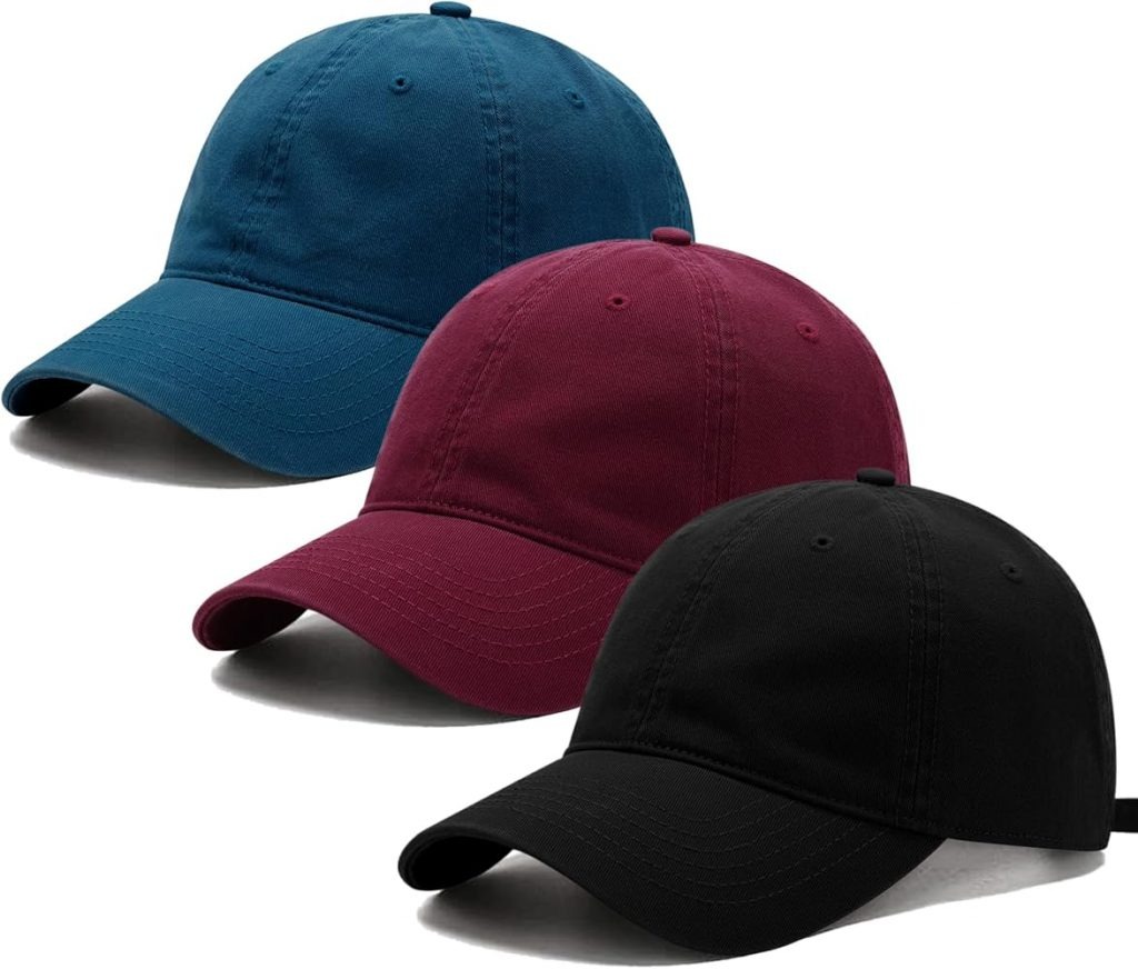 Three cotton baseball hats in blue, maroon, and black colors