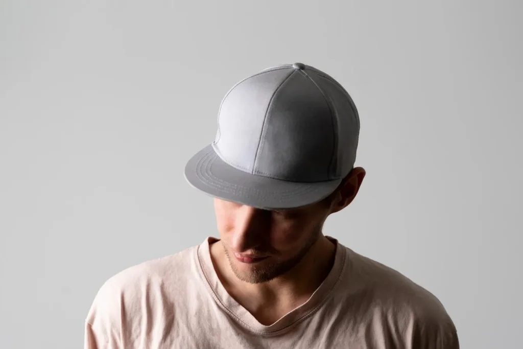 Man wearing a grey snapback hat looking down.