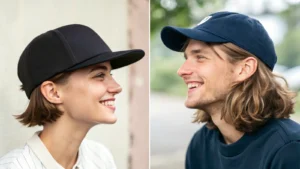 Smiling woman wearing black snapback and man wearing navy baseball cap outdoors