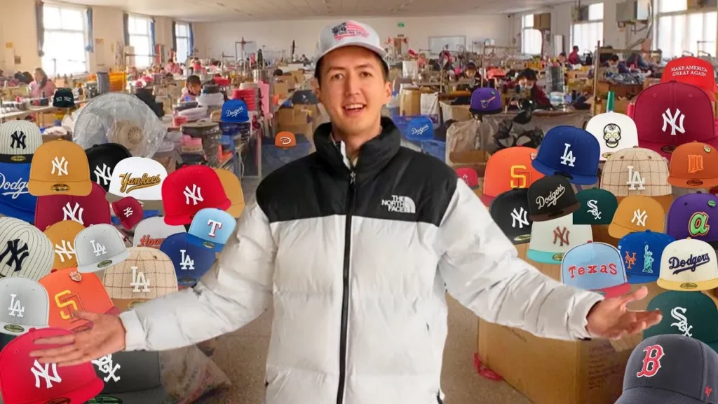 Man presenting hat factory with baseball caps display