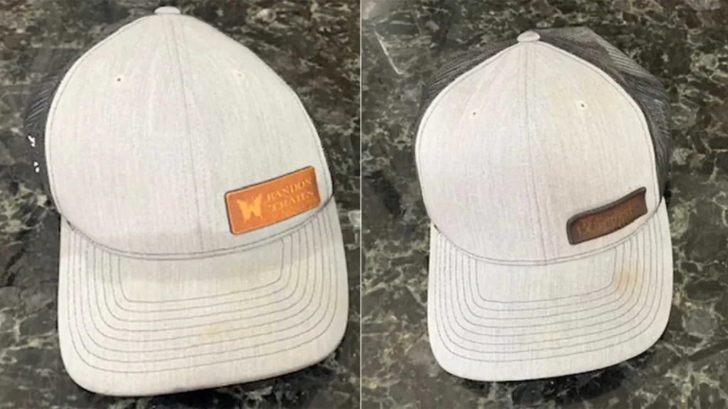White cap cleaned with stain removed before and after