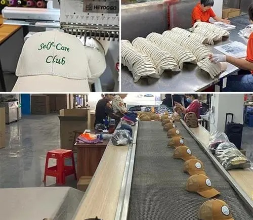 Workers assembling and packaging baseball caps on production line.