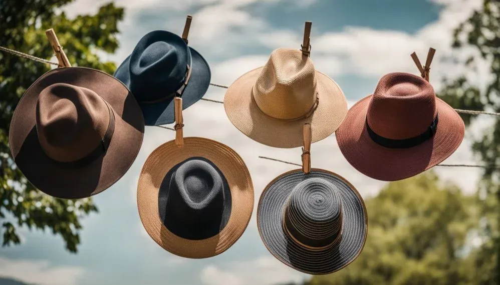 Various hats hanging on a clothesline with clothespins outdoors