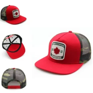 Red 5-panel mesh trucker hat with camouflage back and Canadian patch logo.