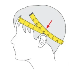 Illustration showing how to measure head circumference with a tape measure above the ears.