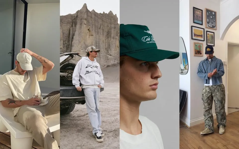 Four men wearing different styles of baseball caps