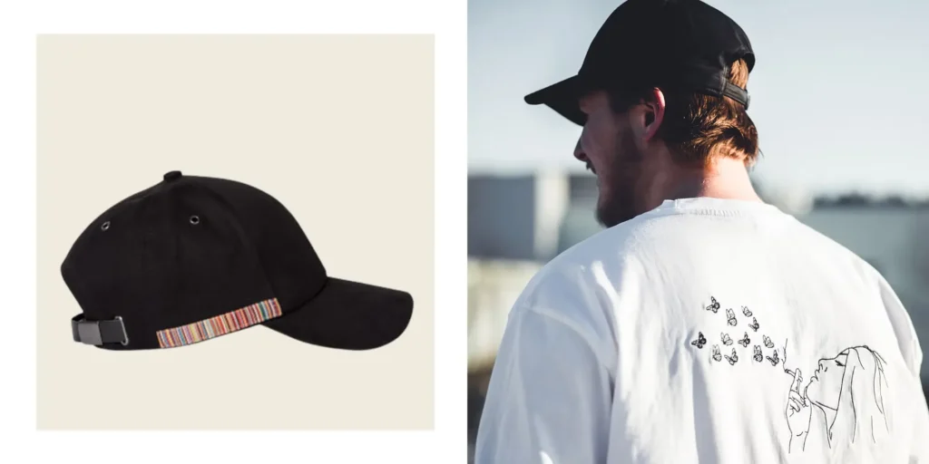 Black cap with colorful strap and man wearing black cap with graphic tee.