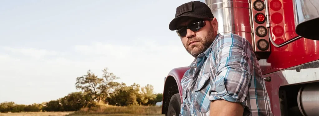 Bearded man wearing sunglasses and trucker cap leaning against red truck outdoors.