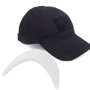 Black tactical cap with Velcro patch and white curved insert.