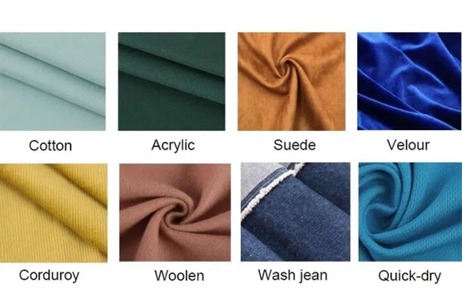 Samples of cotton, acrylic, suede, velour, corduroy, woolen, wash jean, and quick-dry fabrics.