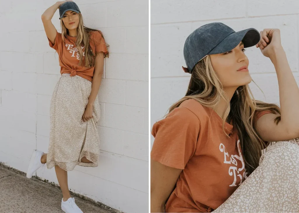 Woman wearing casual ball cap and stylish outfit outdoors