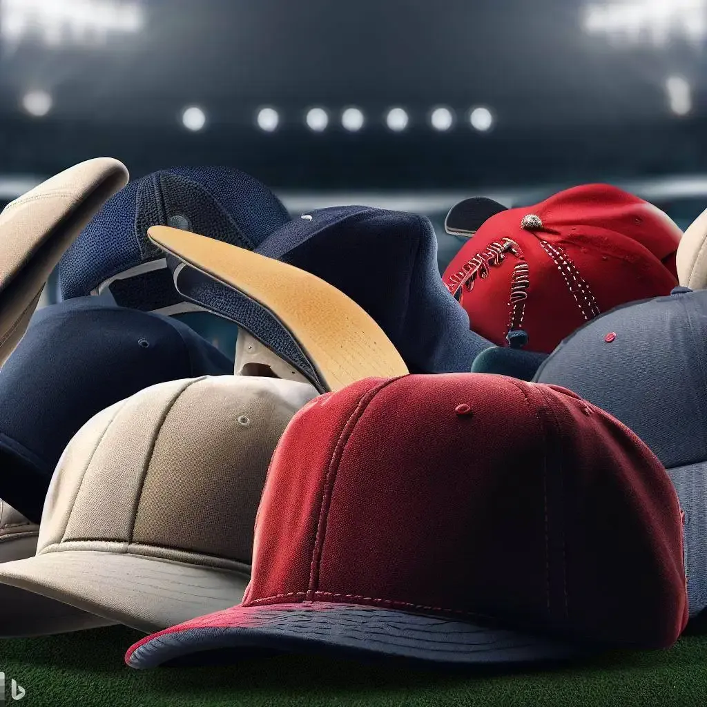 Variety of baseball caps in red, blue, beige, and other colors on turf field.