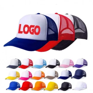 Variety of colorful trucker hats with white front panels and mesh backs, customizable with logos.