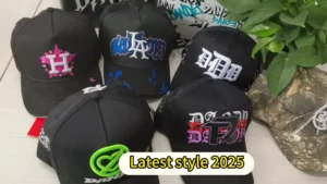 Collection of black caps with colorful embroidery and camouflage hat