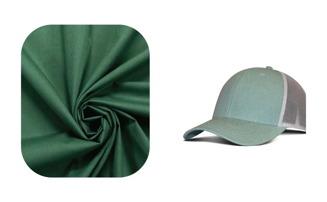 Swirled green poly cotton fabric next to light green trucker cap with mesh back.