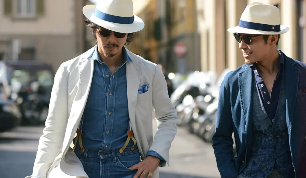 Two men walking wearing white fedora hats with blue bands and sunglasses.