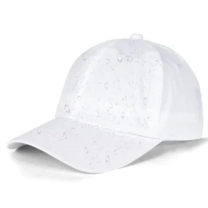 White waterproof baseball cap with water droplets on white background