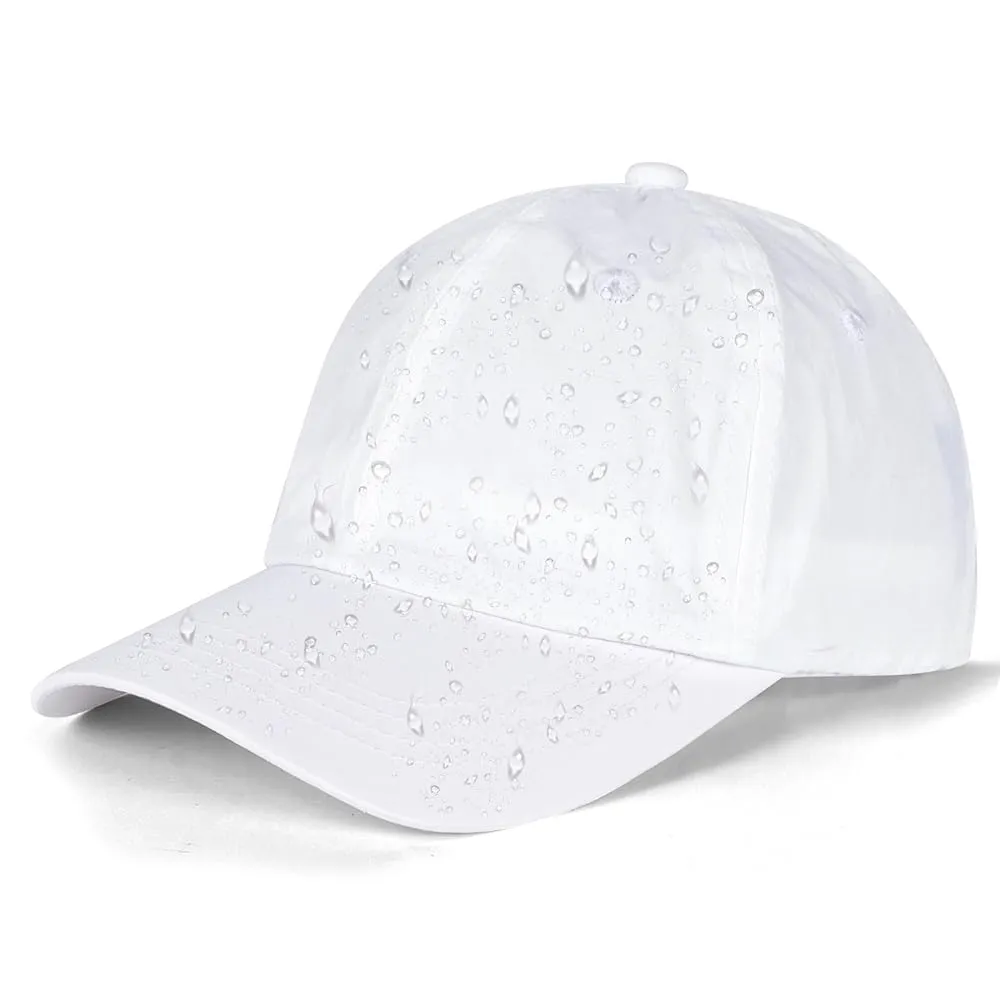 White waterproof baseball cap with water droplets on white background