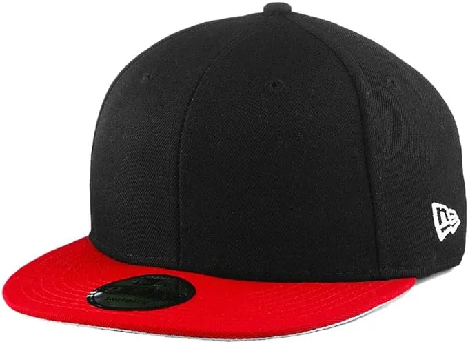 Black snapback cap with red flat brim side view