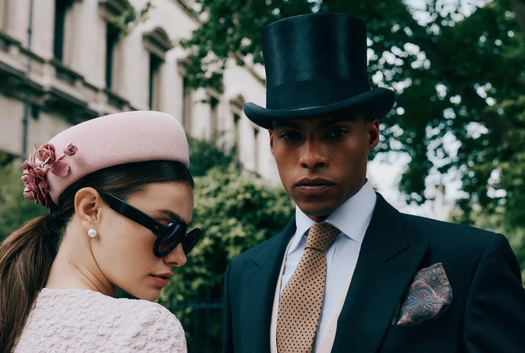 Woman wearing pink beret and man wearing black top hat outdoors.