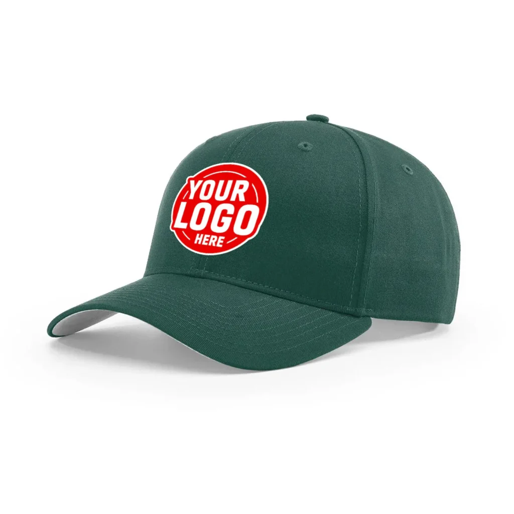 Dark green baseball cap with a circular red patch displaying "YOUR LOGO HERE" in white text.