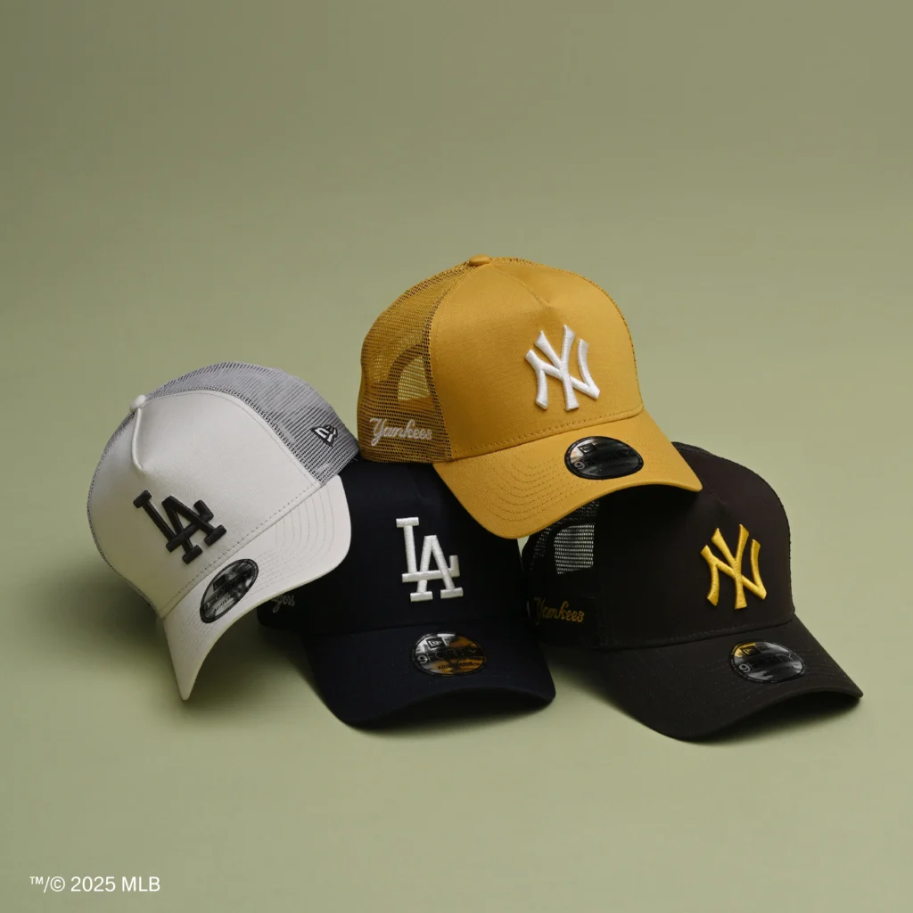 Four MLB baseball caps in different colors with LA and NY logos on green background.