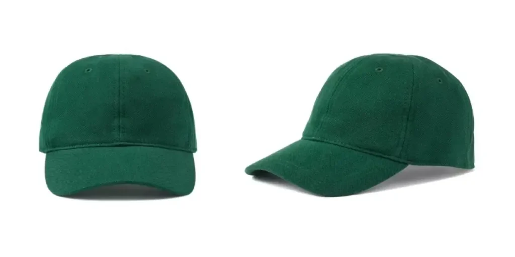 Front and side views of plain dark green baseball caps.