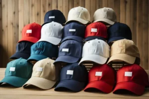 Various colored baseball caps on wooden shelf