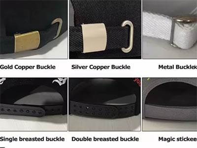 Various types of hat buckles, including gold, silver, metal, single-breasted, double-breasted, and magic stickee closures.