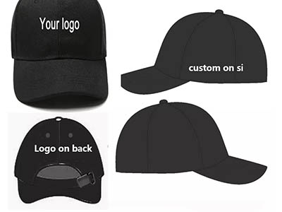 A black cap with customizable areas for logos on the front and back, showcasing different embroidery options.