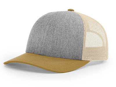 Grey front with beige mesh back and brown brim baseball cap.