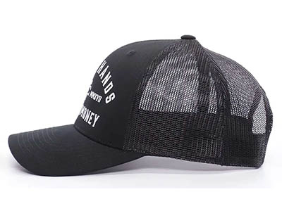 Black mesh trucker hat with white text log