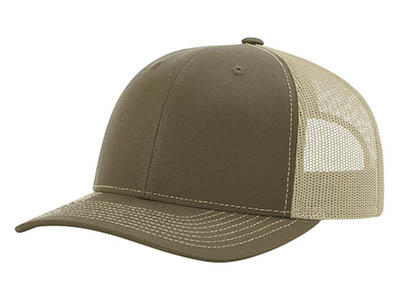 Olive green trucker hat with beige mesh back