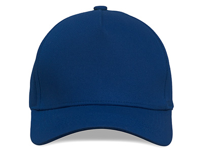 Front view of a solid blue baseball cap with a curved brim and simple design.