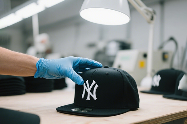 Gloved hand holding black New York Yankees cap under bright light.