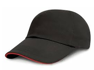 Plain black baseball cap with curved brim and subtle red trim on the edge.