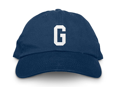 Dark blue baseball cap with bold white letter G on the front.