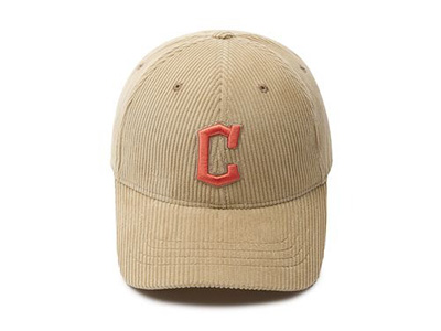 Beige corduroy baseball cap with red embroidered letter C on front.