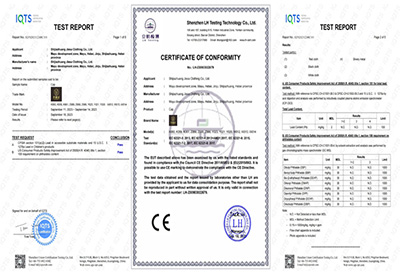 IQTS test reports and certificate of conformity for product quality.