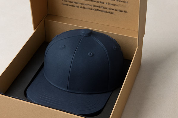Navy blue baseball cap placed inside an open cardboard box.