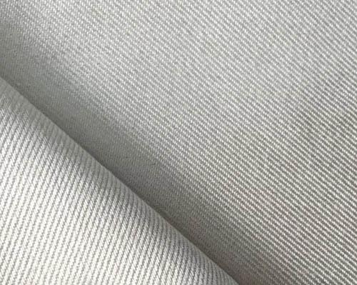 Close-up of light grey canvas fabric with woven texture.
