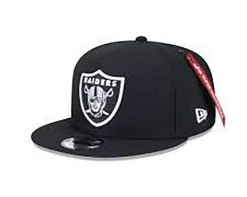 Black snapback hat with Raiders logo and flat brim.