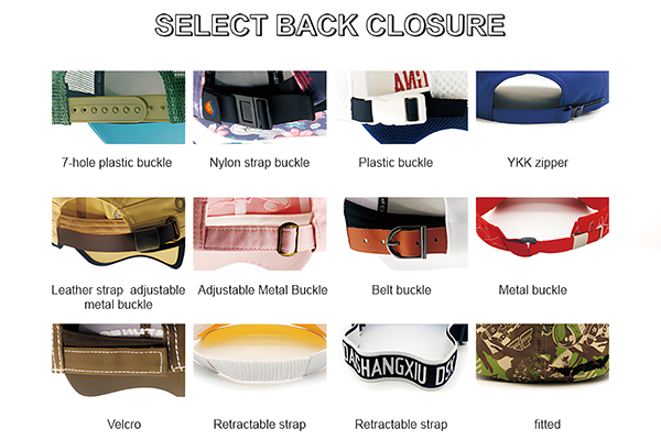 Various types of adjustable and fixed back closures for hats.