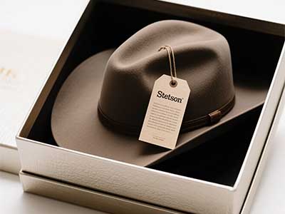Brown Stetson hat with tag inside premium gift box.