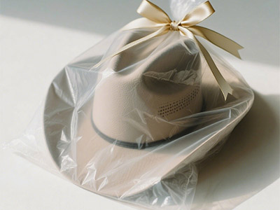 Beige cowboy hat wrapped in clear plastic with cream ribbon.