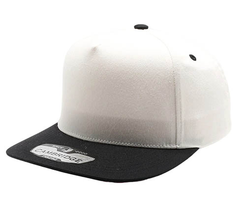 White and black snapback cap with flat brim and Cambridge sticker.