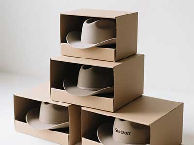 Stetson cowboy hats stored in individual cardboard boxes stacked.